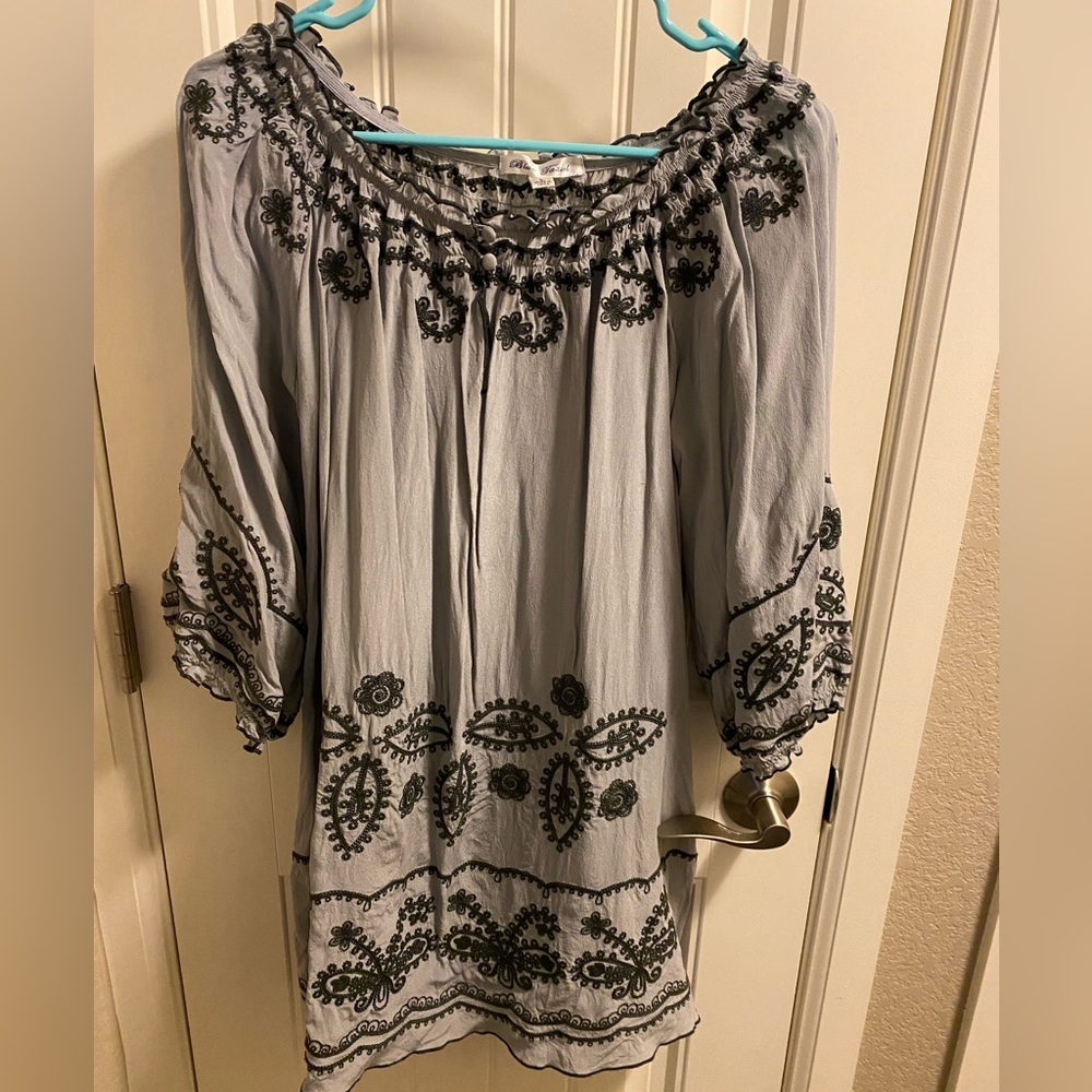 Blue Tassel L Top 100 Silk Blouse Gray Embroidered Peasant Style Shirt Large Lg
